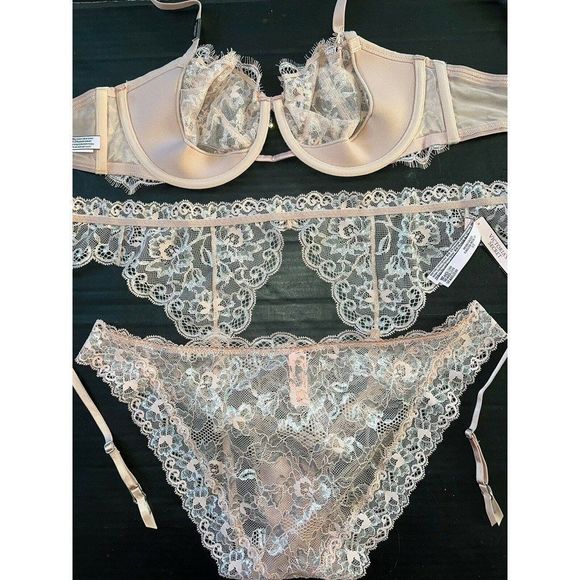 Victoria's Secret 36B,36D,36DD BRA SET+garter CORSET BEIGE SILVER evening blush - Picture 10 of 11